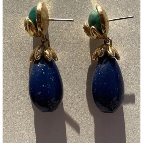 Vintage Neoclassical Faux Malacite & Faux Lapis Lazuli Gold Tone Earrings Boho - Picture 6 of 11